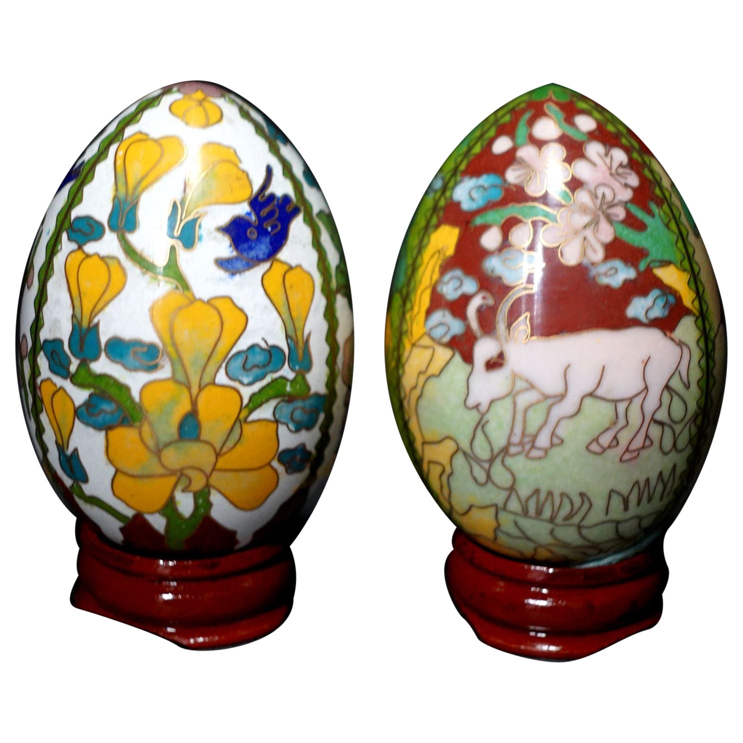 Two Chinese Cloisonné Enamel Eggs "Flowers and Animals" with Wood Stands #9 For Sale