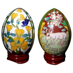 Two Chinese Cloisonné Enamel Eggs "Flowers and Animals" with Wood Stands #9