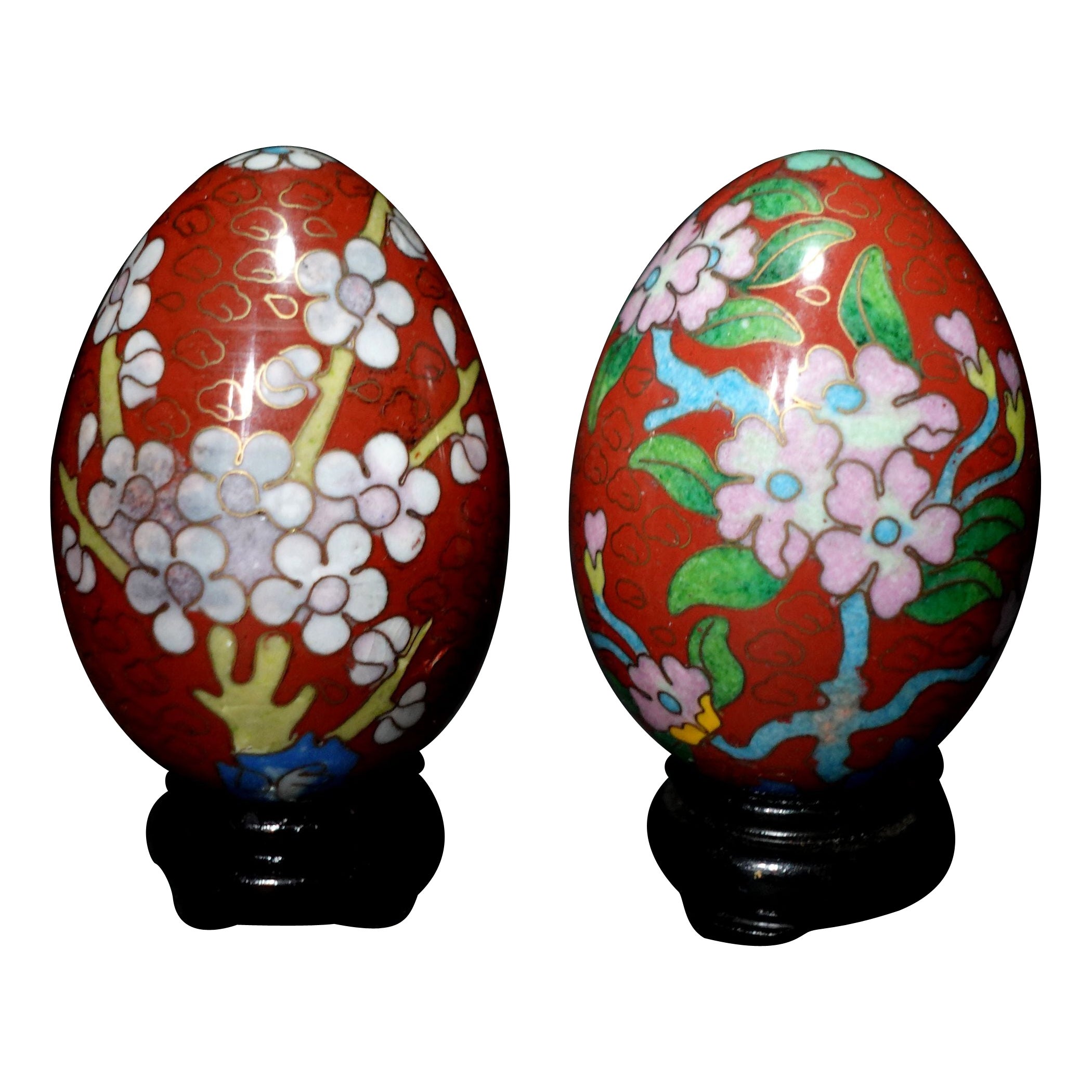 Two Chinese Cloisonné Enamel Eggs "Flowers" with Wood Stands #11 For Sale