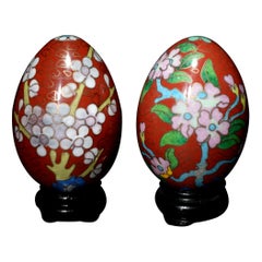 Antique Two Chinese Cloisonné Enamel Eggs "Flowers" with Wood Stands #11