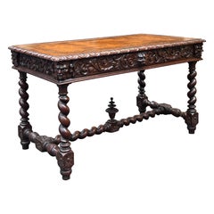 19th C. French Carved Barley Twist Walnut Desk / Library Table with Leather Top