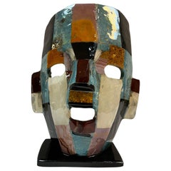 Vintage Semi Precious Gemstone Latin American Facial Mask Sculpture on Stand