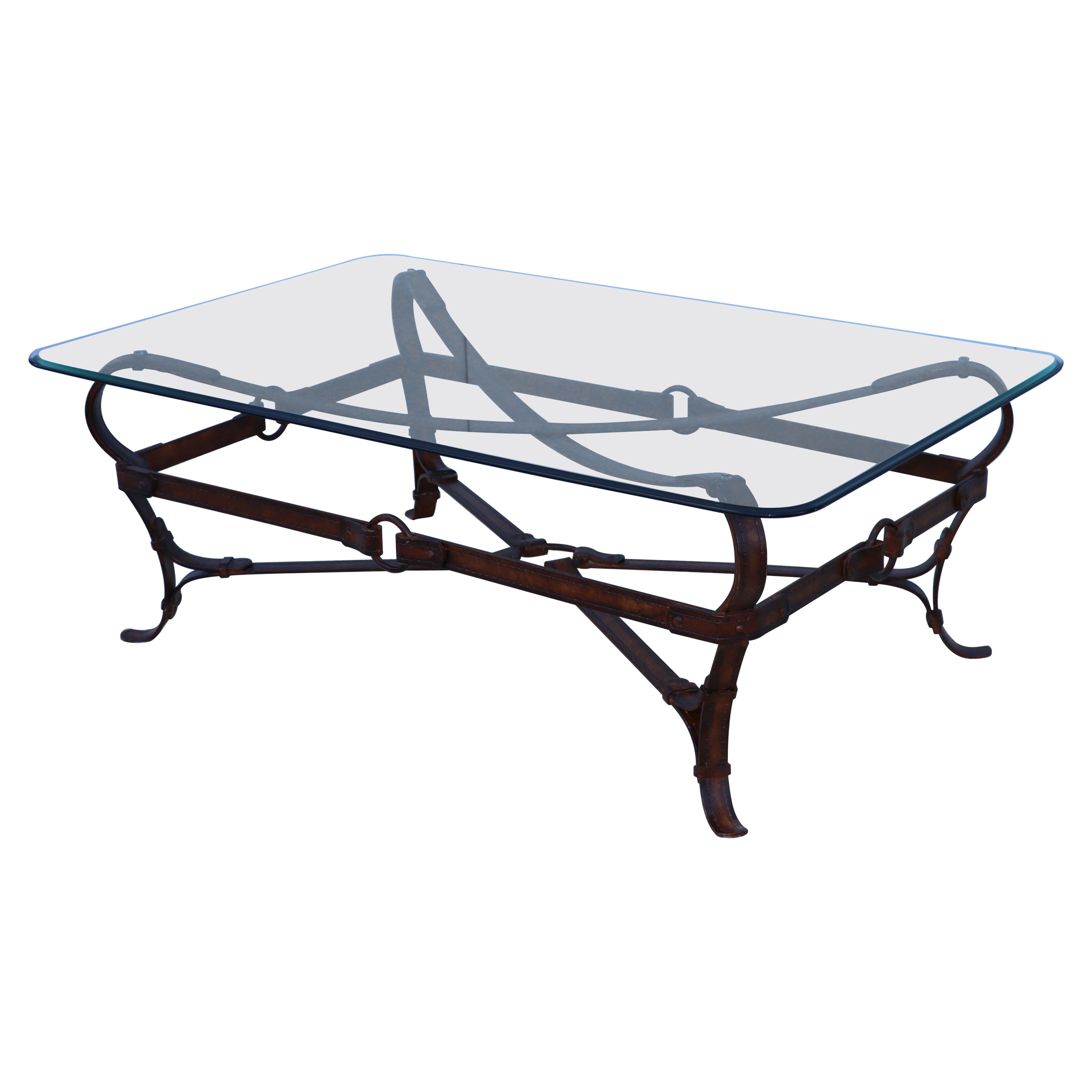 Hermes Style Faux Leather Iron and Glass Coffee Table For Sale
