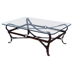 Retro Hermes Style Faux Leather Iron and Glass Coffee Table