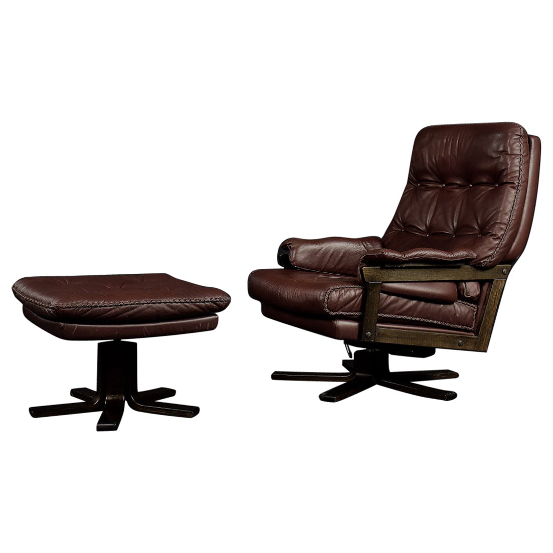 Vintage Midcentury Scandinavian Modern Leather Executive Swivel Chair & Ottoman