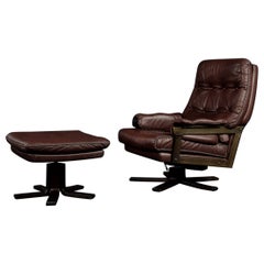 Retro Midcentury Scandinavian Modern Leather Executive Swivel Chair & Ottoman