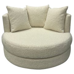 Mid-Century Modern Style Oversized White Boucle Swivel / Lounge Chair