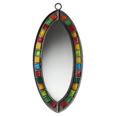 Brutalist Iron and Coloured Glass Elliptical Mirror