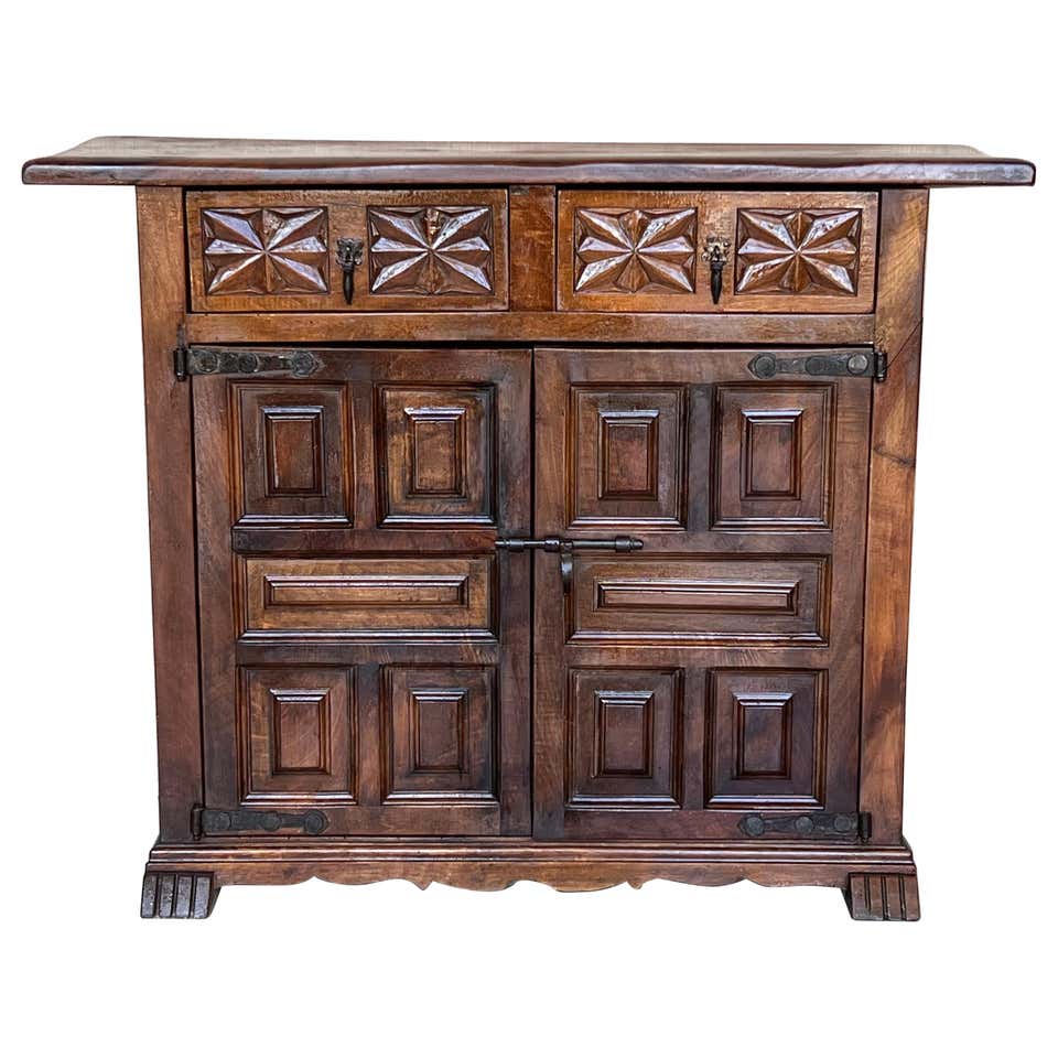 20th Spanish Dresser in Carved Wood with Marble Top and Four Drawers