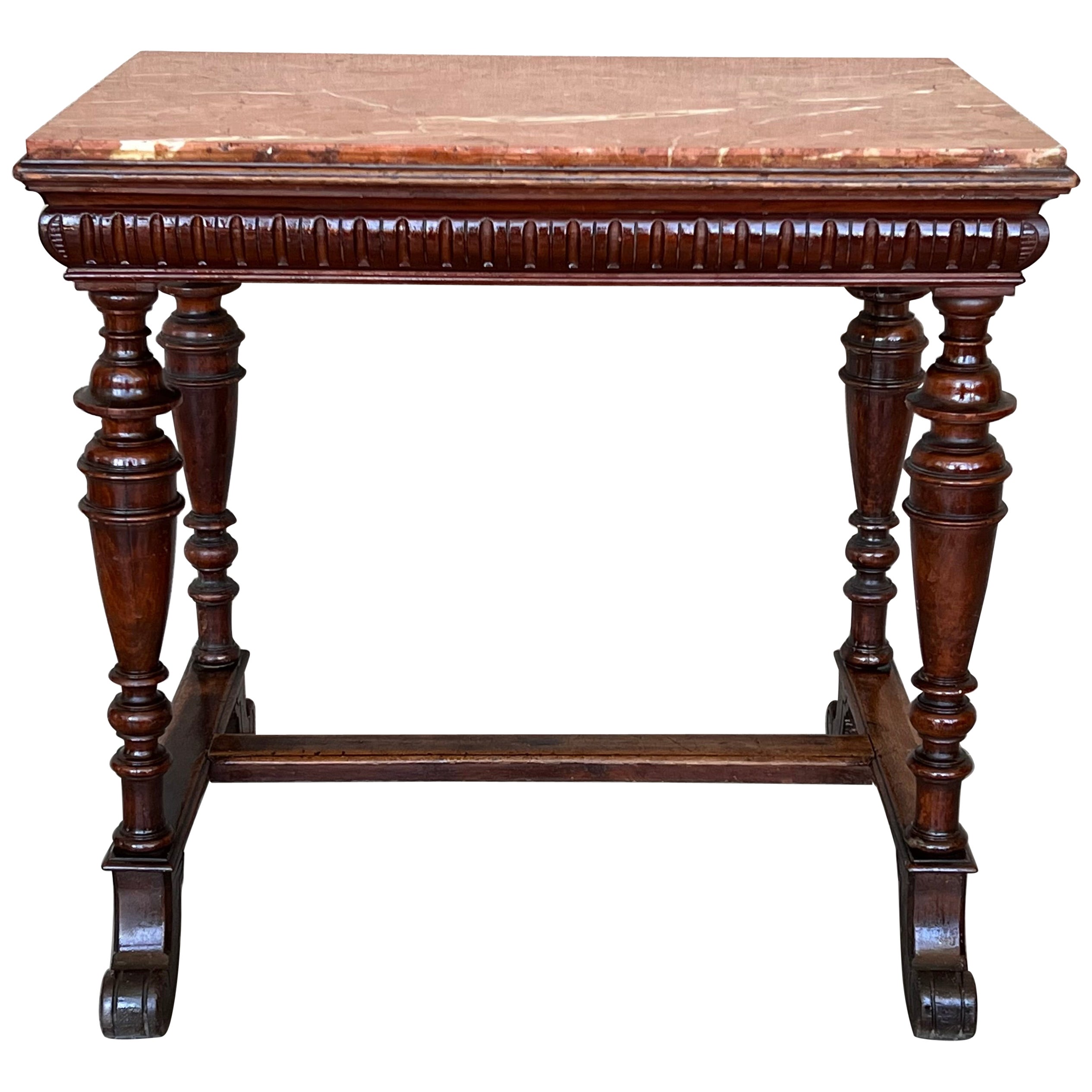 Tavolino neoclassico italiano del 1800 in noce con piano in marmo e decorazioni intagliate