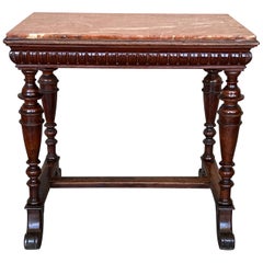 Italian 1800s Neoclassical Walnut Side Table with Marble Top and Carved Decor