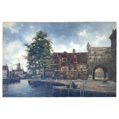 Jan Van Couver Dutch Artist 19th Century Landscape Port Scene Oil Painting