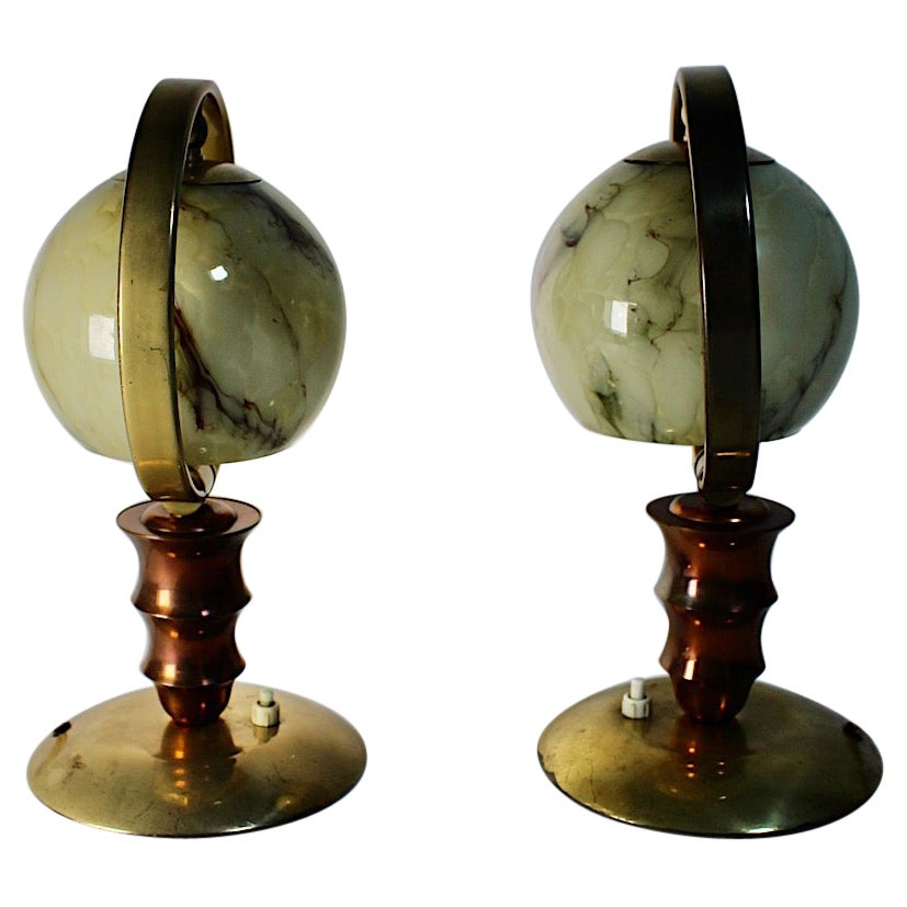 Art Deco Vintage Pair Duo Brass Copper Marbled Glass Nightstand Lamps Table Lamp For Sale