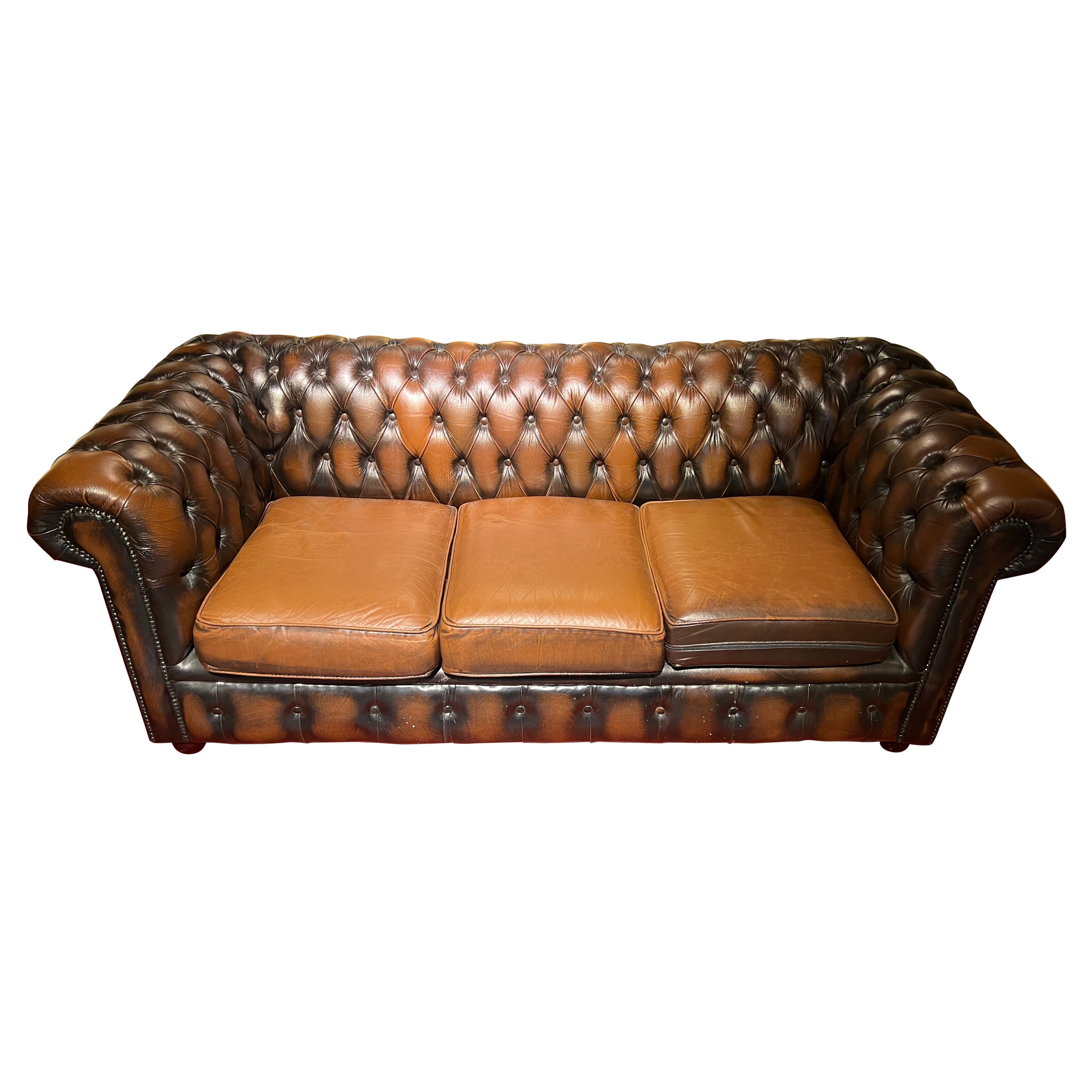 Original Chesterfield Vintage Brown Three Seat Sofa