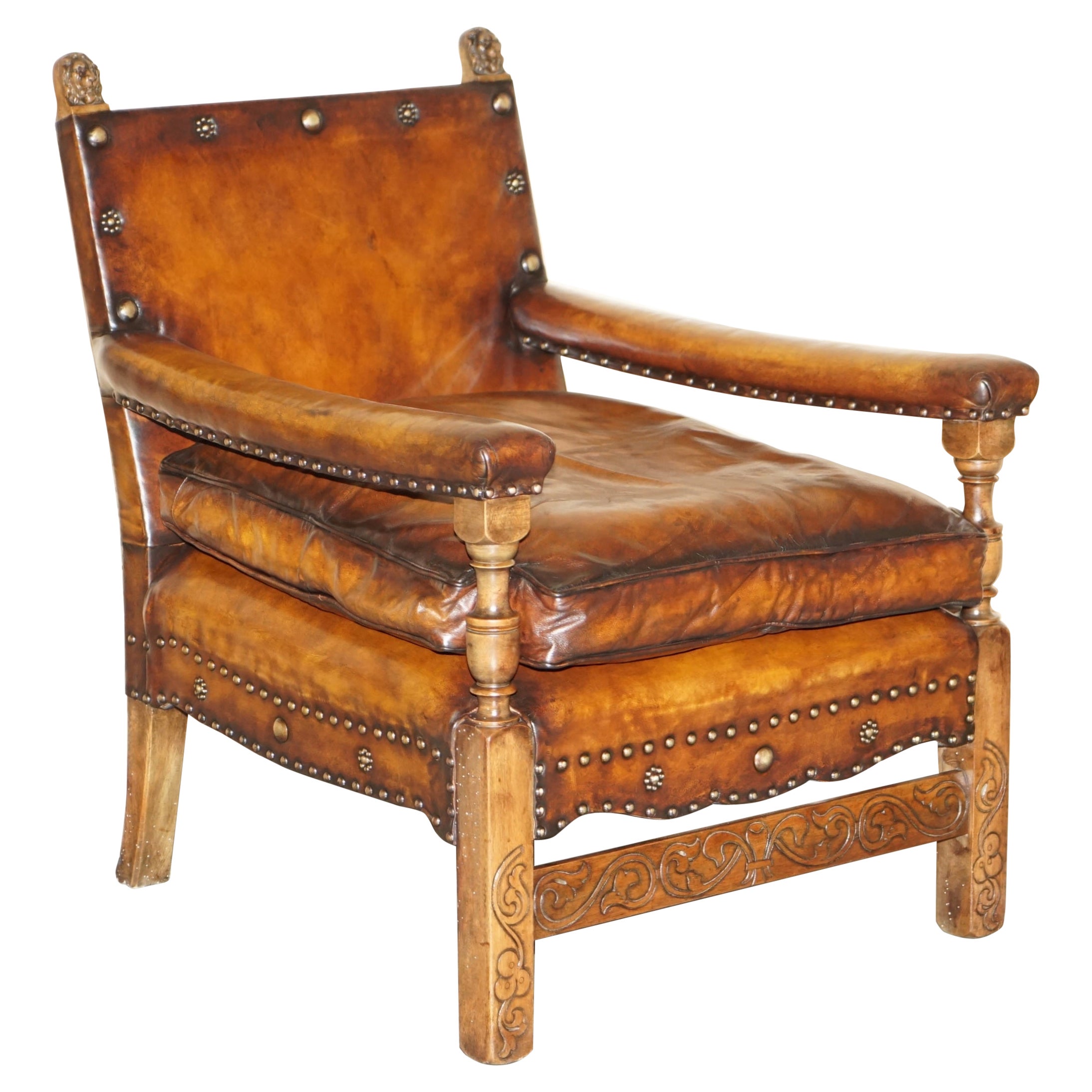 Fully Restored Edwardian circa 1910 Hand Dyed Brown Leather Lion Carved Armchair For Sale