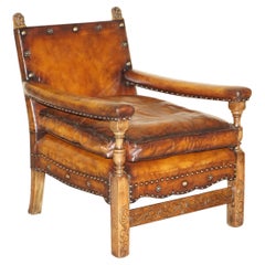 Antique Fully Restored Edwardian circa 1910 Hand Dyed Brown Leather Lion Carved Armchair