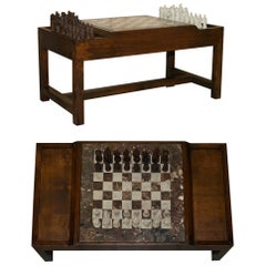 Vintage Chessboard Coffee Table with Marble Board and ebonized Chess Set Pieces