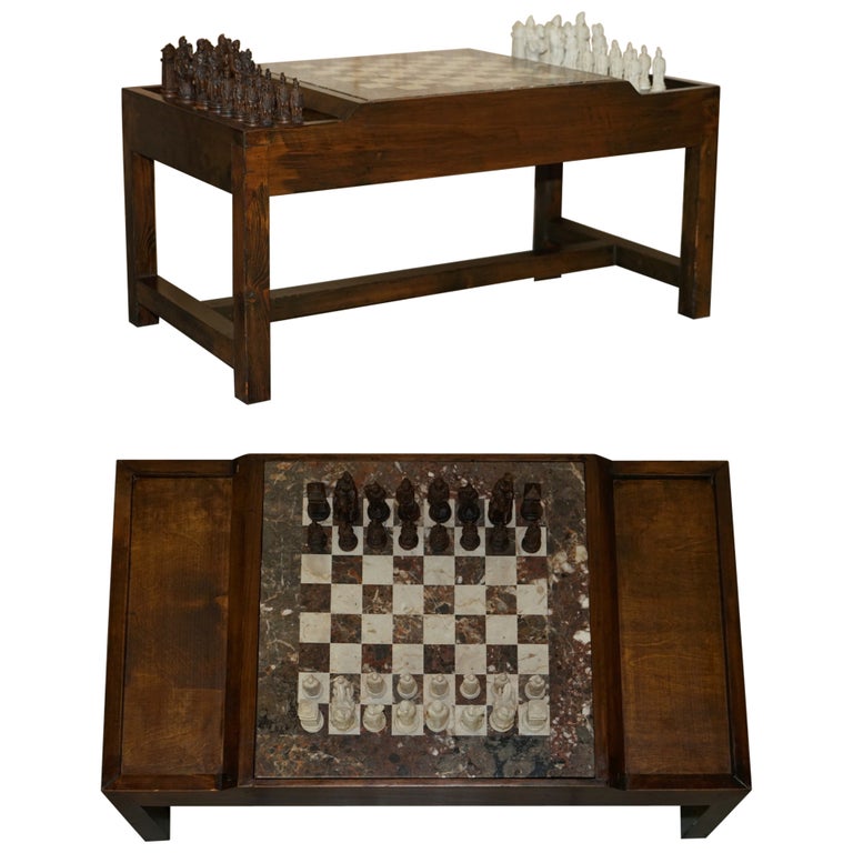 Vintage Chessboard Coffee Table with Marble Board and ebonized Chess Set Pieces For Sale at 1stDibs