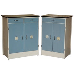 Pair of Midcentury Vintage circa 1950s Duck Egg Blue Kitchen Sideboard Cupboards