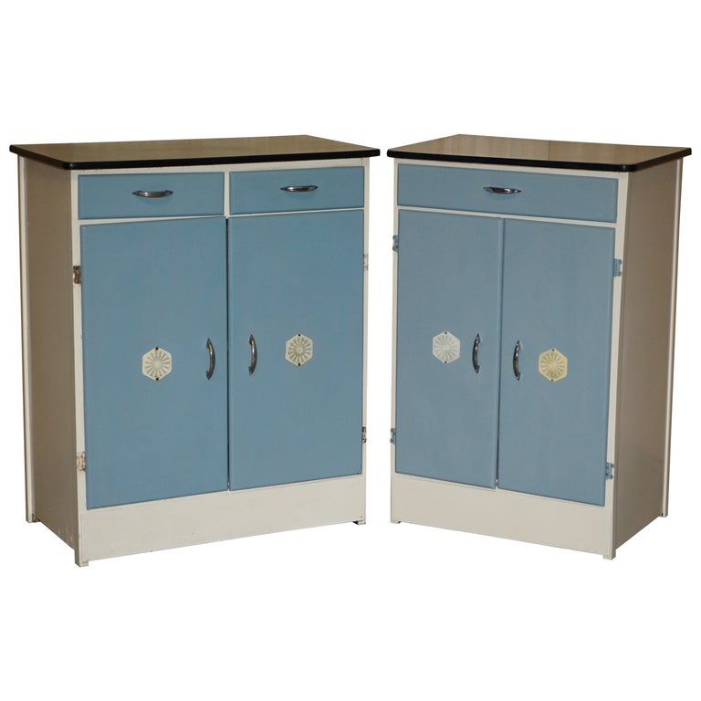 PAIR OF MID CENTURY RETRO CIRCA 1950'S DUCK EGG BLUE KITCHEN SIDEBOARD