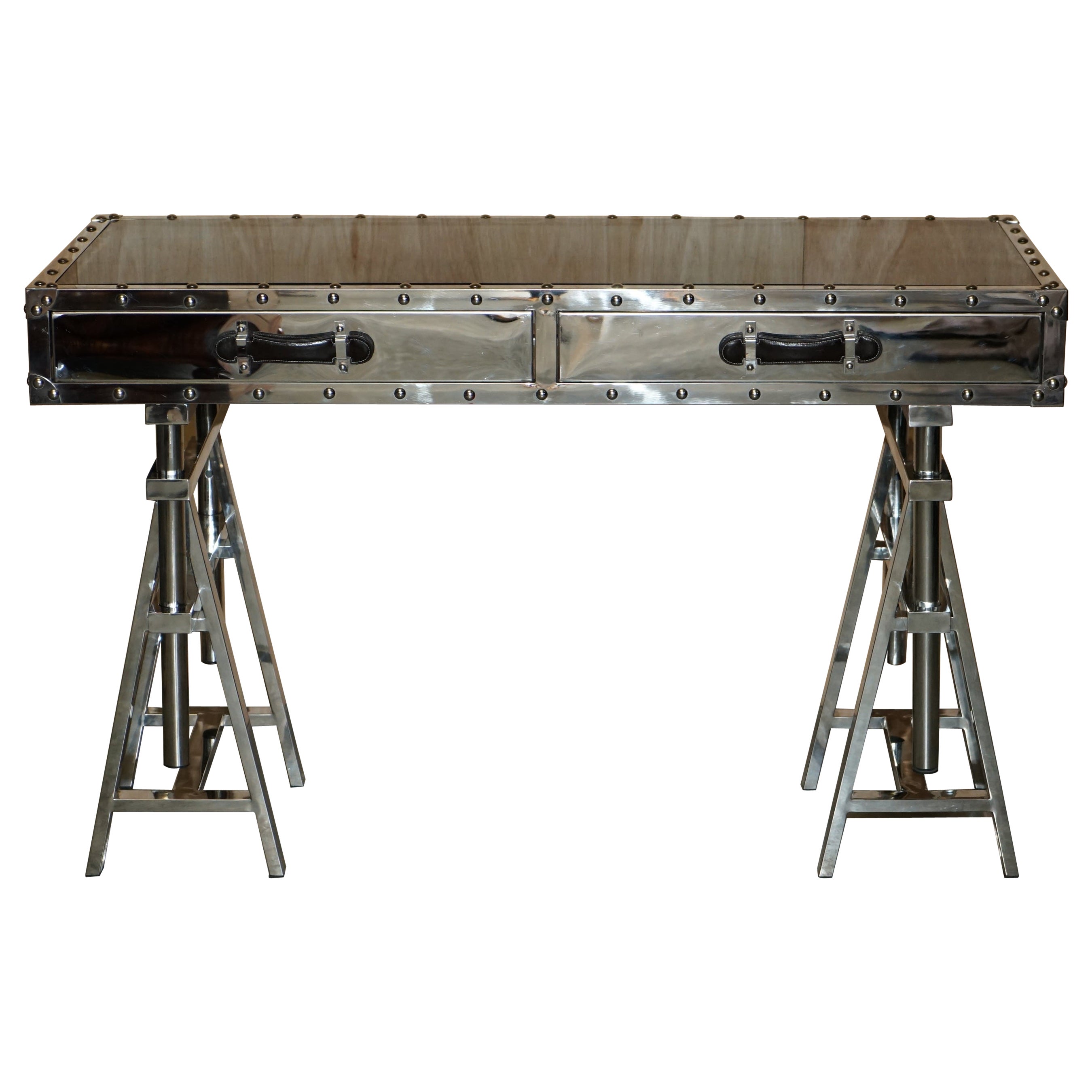 Eichholtz Chrome Glass Topped Trestle Three Drawer Luggage Style Desk / Table