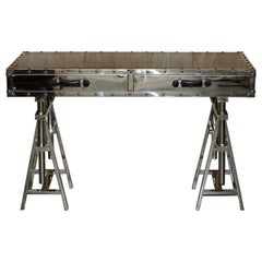 Eichholtz Chrome Glass Topped Trestle Three Drawer Luggage Style Desk / Table