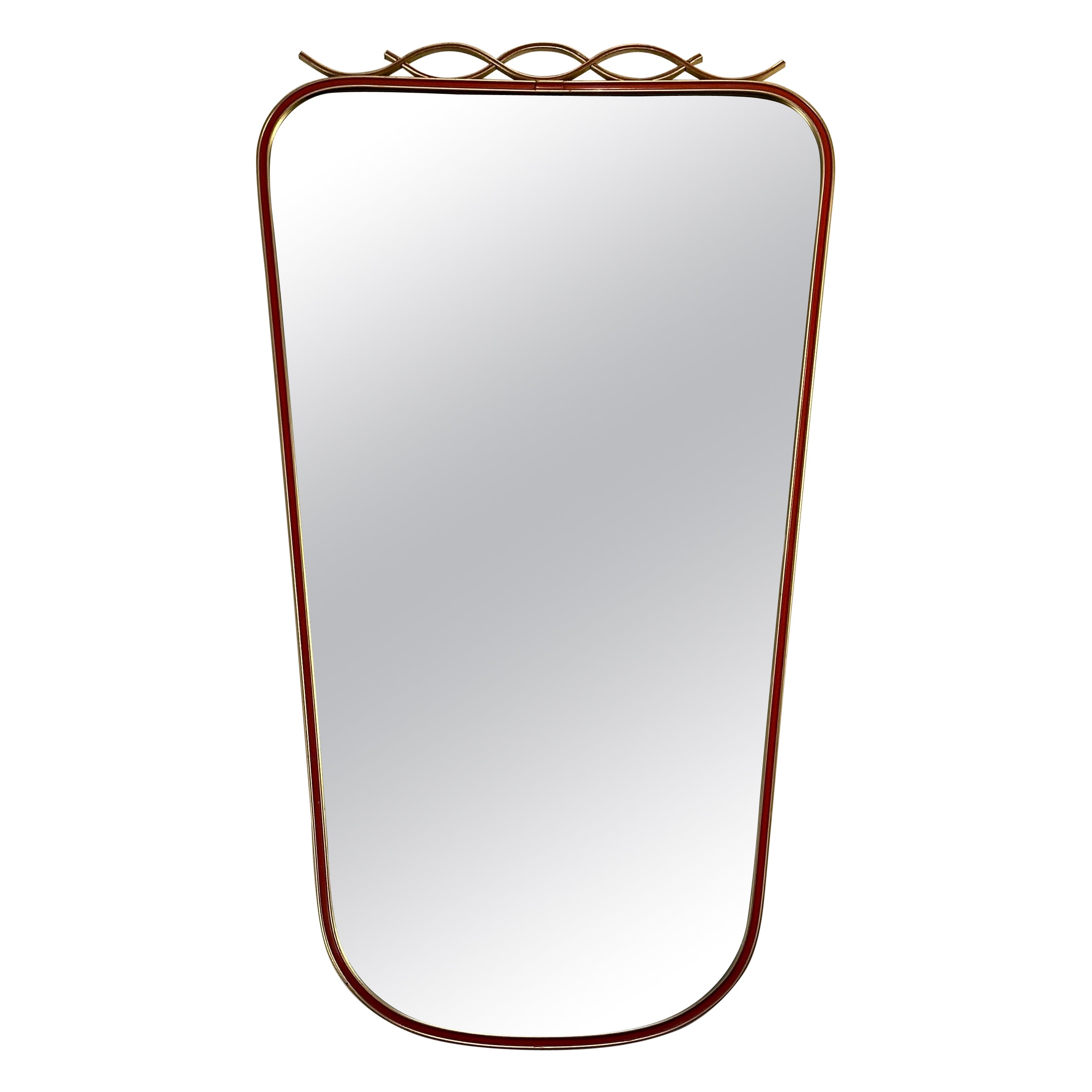 Vintage Mid Century Italian Shield Wall Mirror in Brass with Red Border Detail