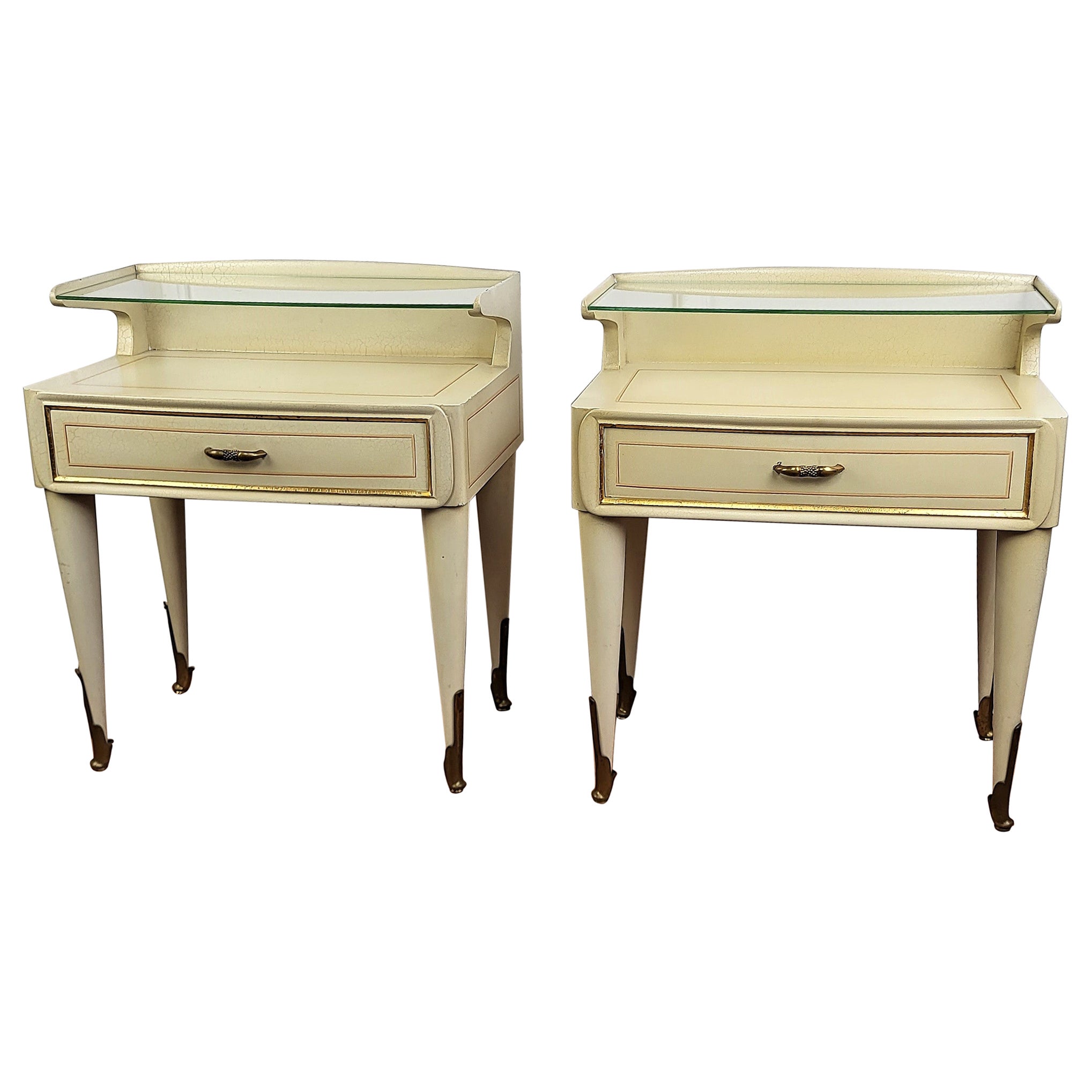 Italian Midcentury Art Deco Night Stands Bed Side Tables White Wood Brass Glass