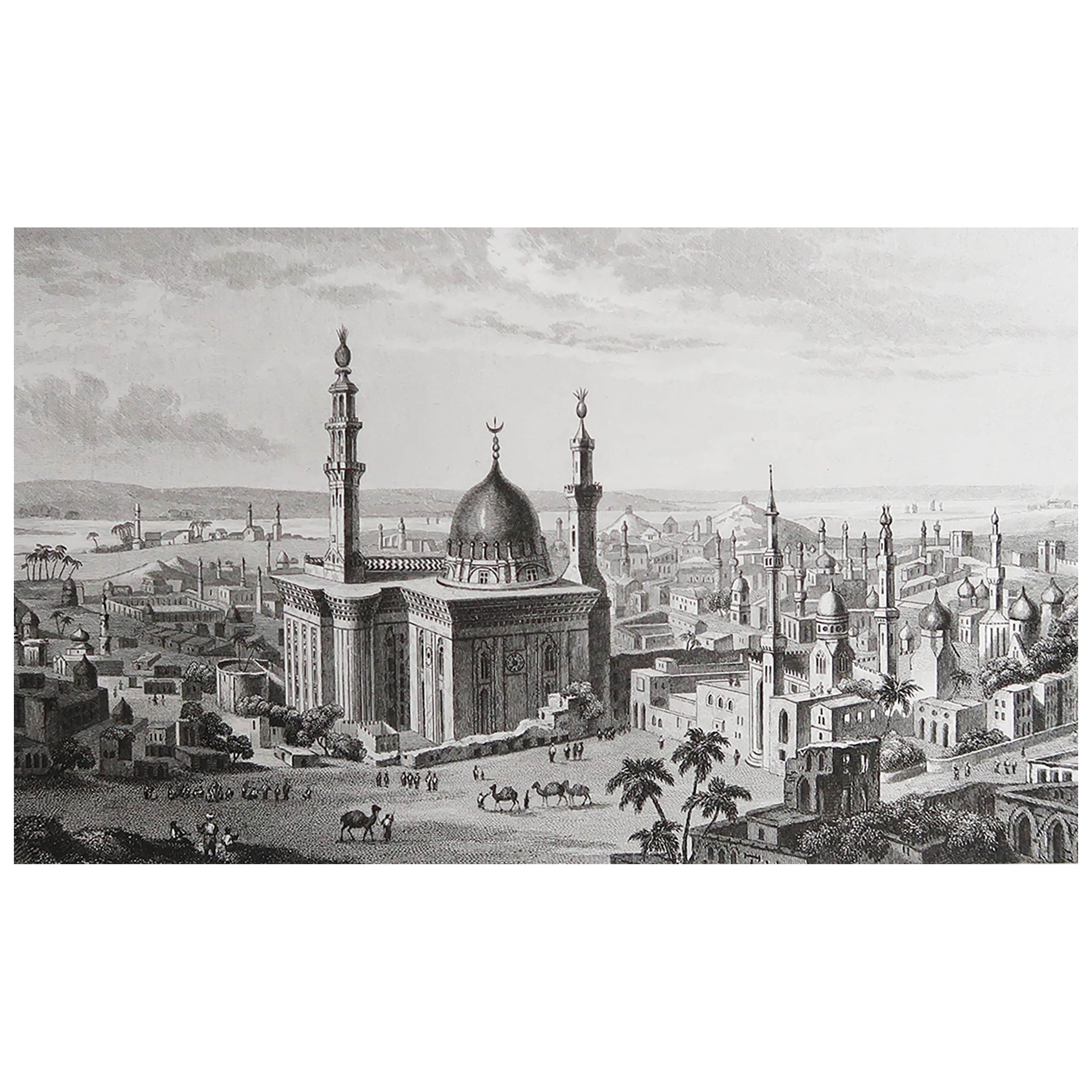 Grabado original antiguo de El Cairo, Egipto, hacia 1840