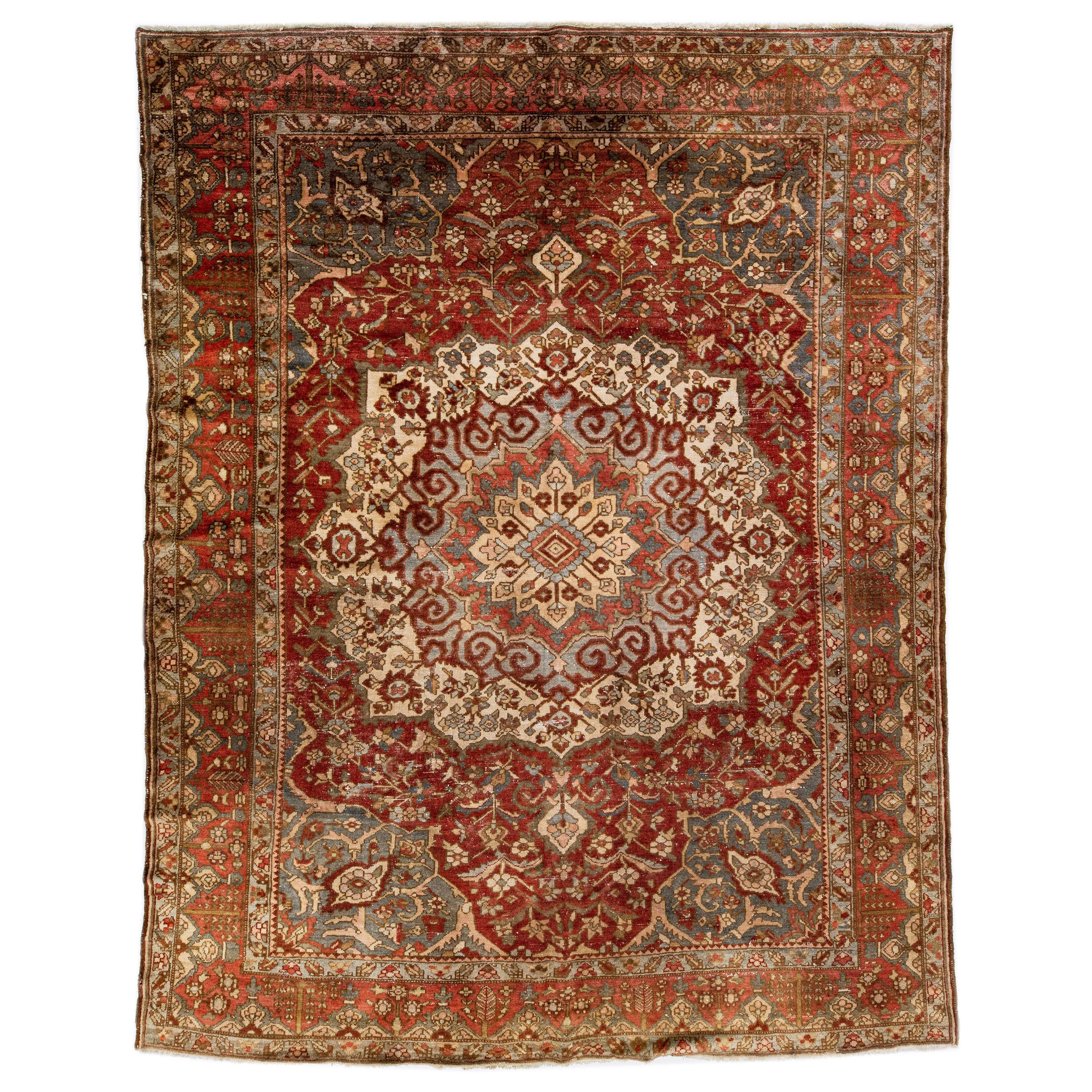 Antique Persian Bakhtiari Handmade Rust Rosette Wool Rug For Sale