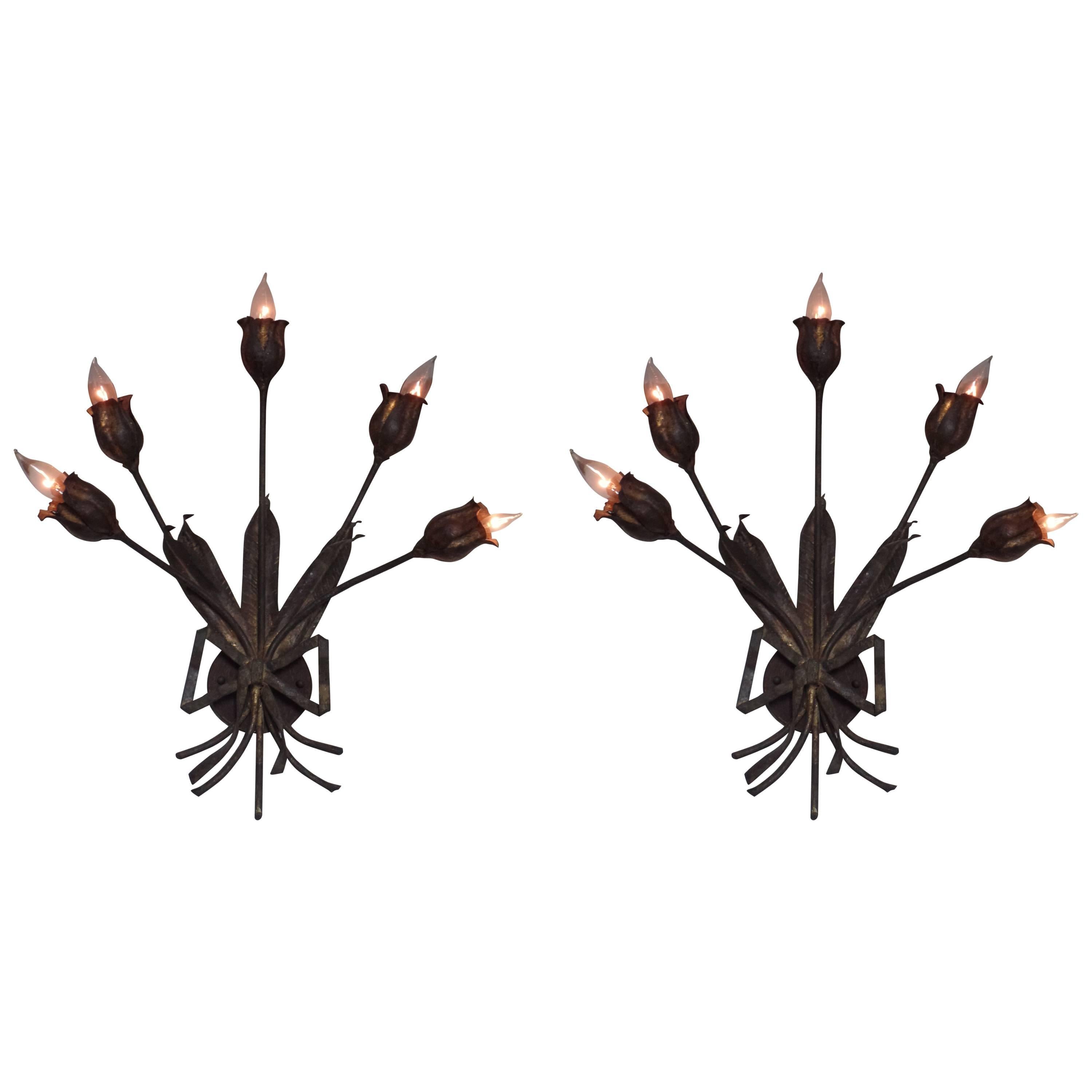 Pair Large French Mid-Century Gilt Iron Floral Wall Sconces Attr. Maison Bagues For Sale