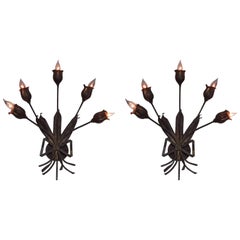 Pair Large French Mid-Century Gilt Iron Floral Wall Sconces Attr. Maison Bagues