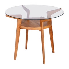 Midcentury Small Round Table, Jitona Sobeslav, Oak, Glass, Czechia, 1950s