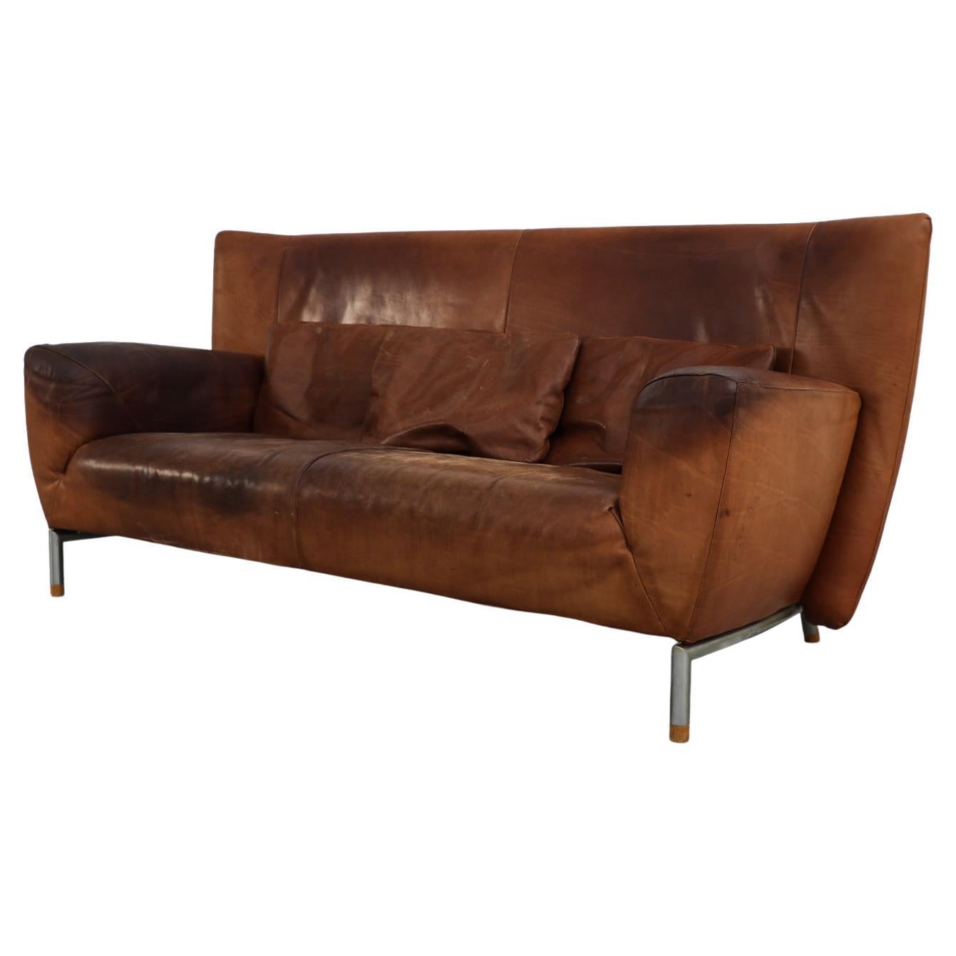 Gerard Van Den Berg Leather "High Noon" High Back Brown Leather Sofa and Pillows For Sale