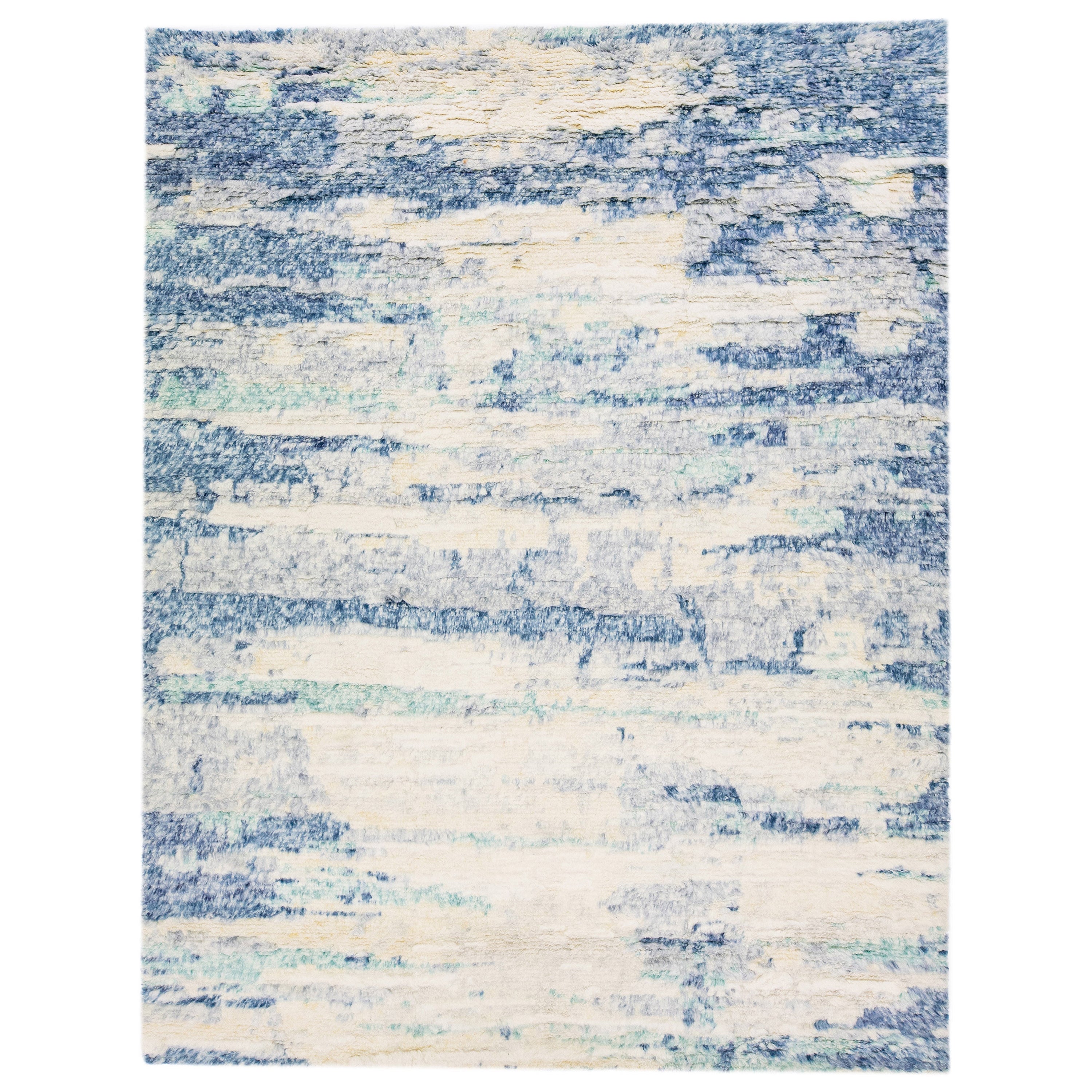 Modern Abstract Moroccan Style Wool Rug Handmade in Ivory & Blue