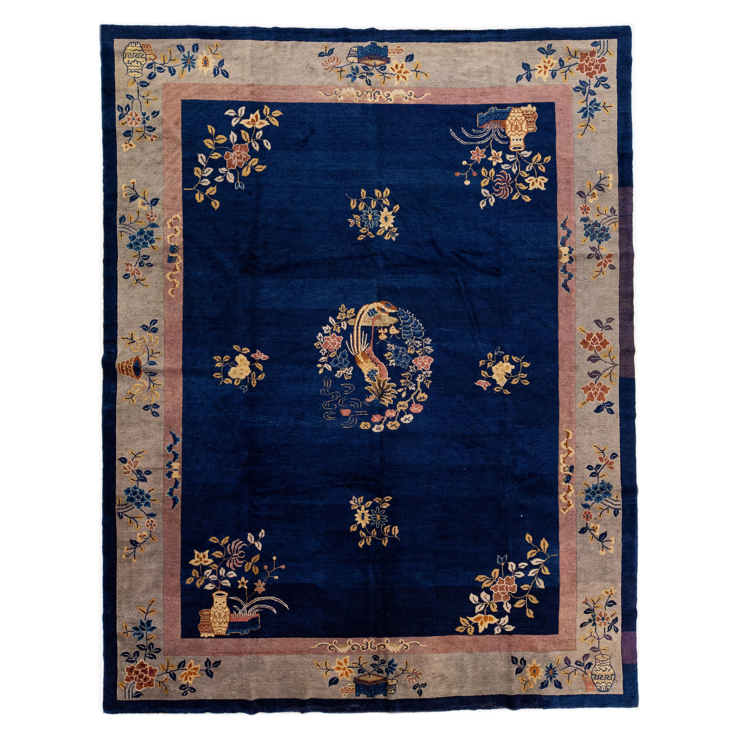 Handmade Antique Peking Blue Chinese Wool Rug with Classic Floral Design
