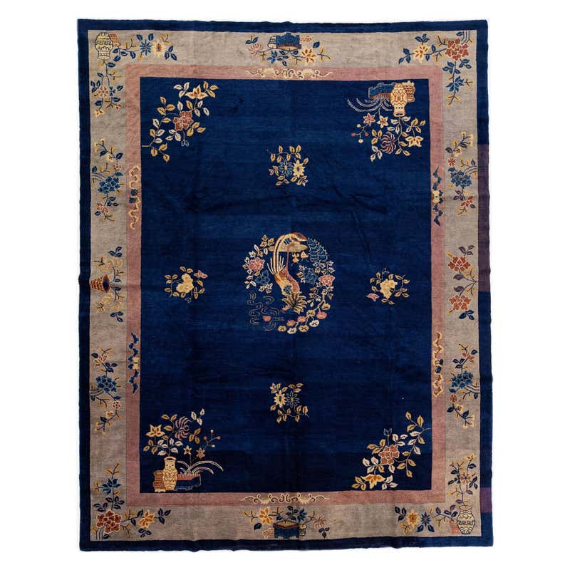 Classic Blue and White Antique Chinese Rug For Sale at 1stDibs