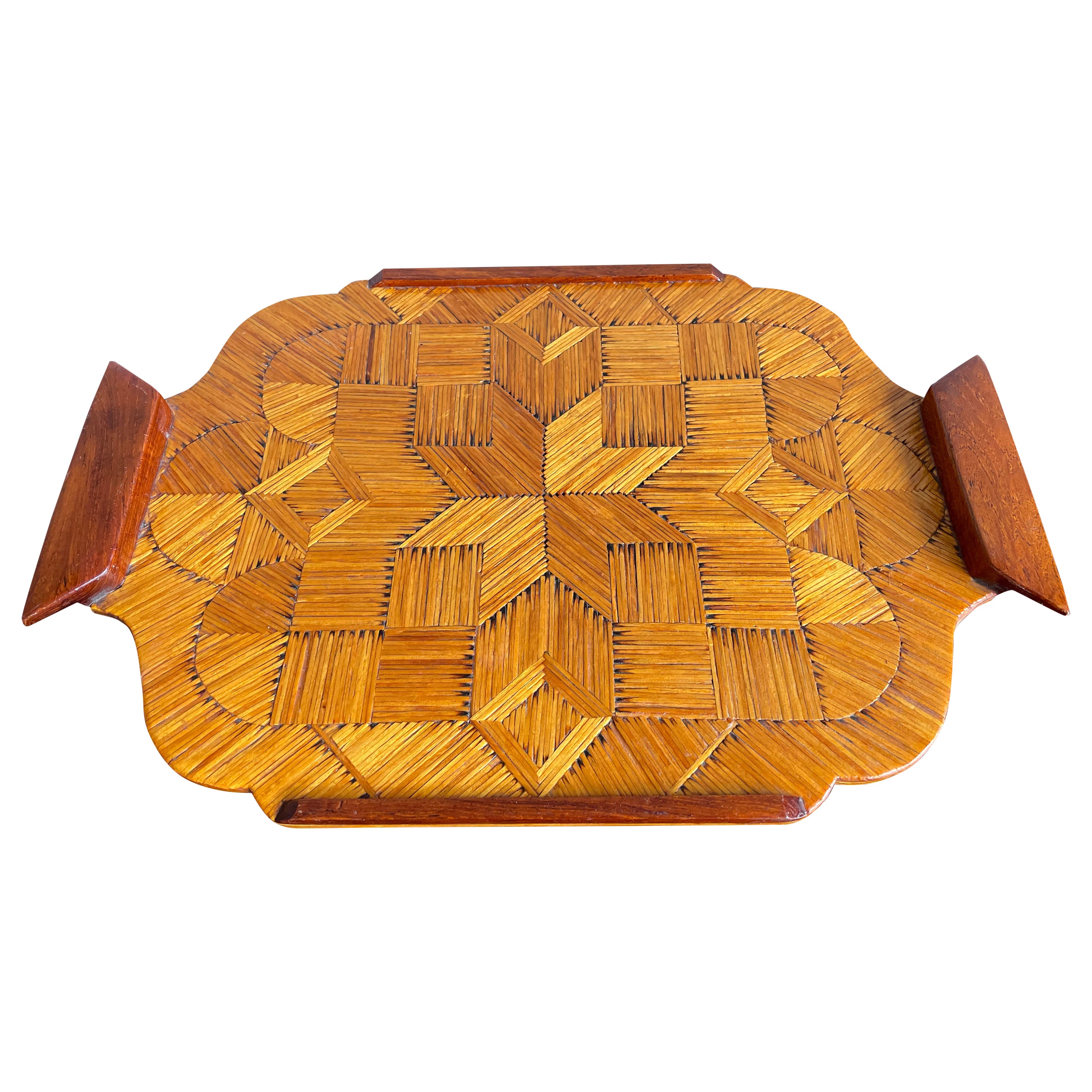 Midcentury Folk Art Serving Tray, Handmade of Burnt Matches in Parquetry Pattern For Sale