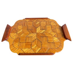 Midcentury Folk Art Serving Tray, Handmade of Burnt Matches in Parquetry Pattern