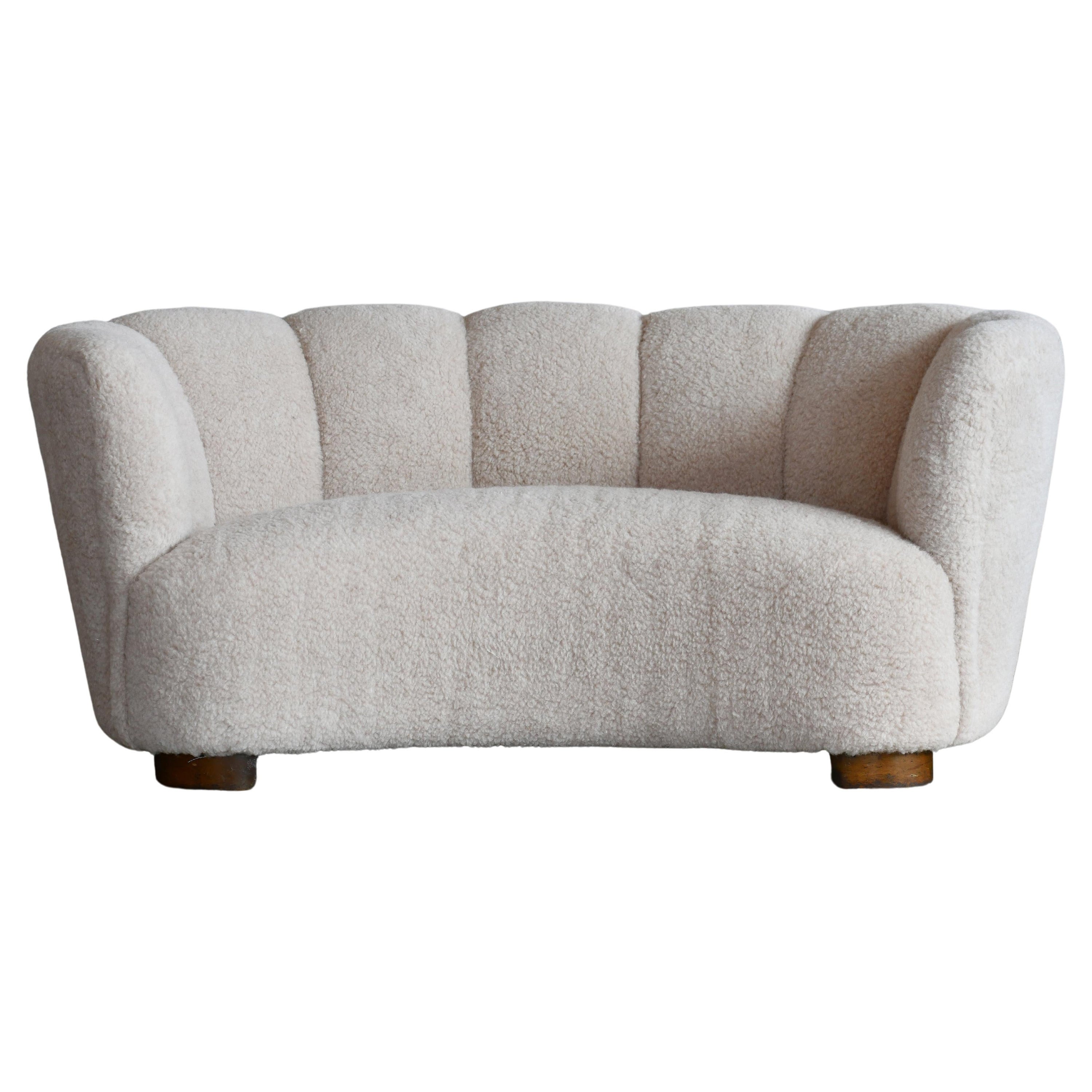 Curved Loveseat in Beige lambswool Danish 1940's Banana Sofa For Sale