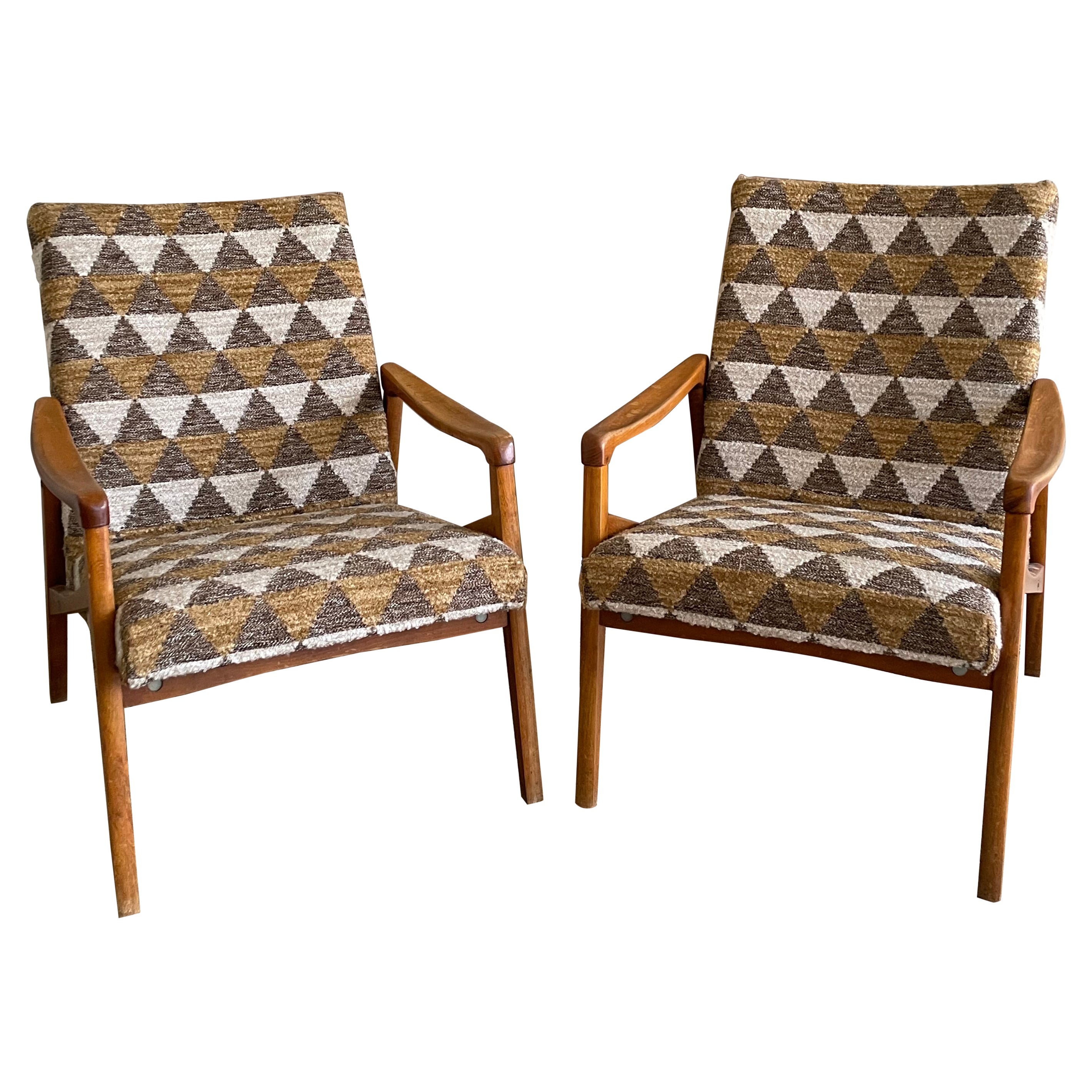 Pair Newly Upholstered Midcentury Teak Armchairs Olive & Beige Geometric Pattern For Sale