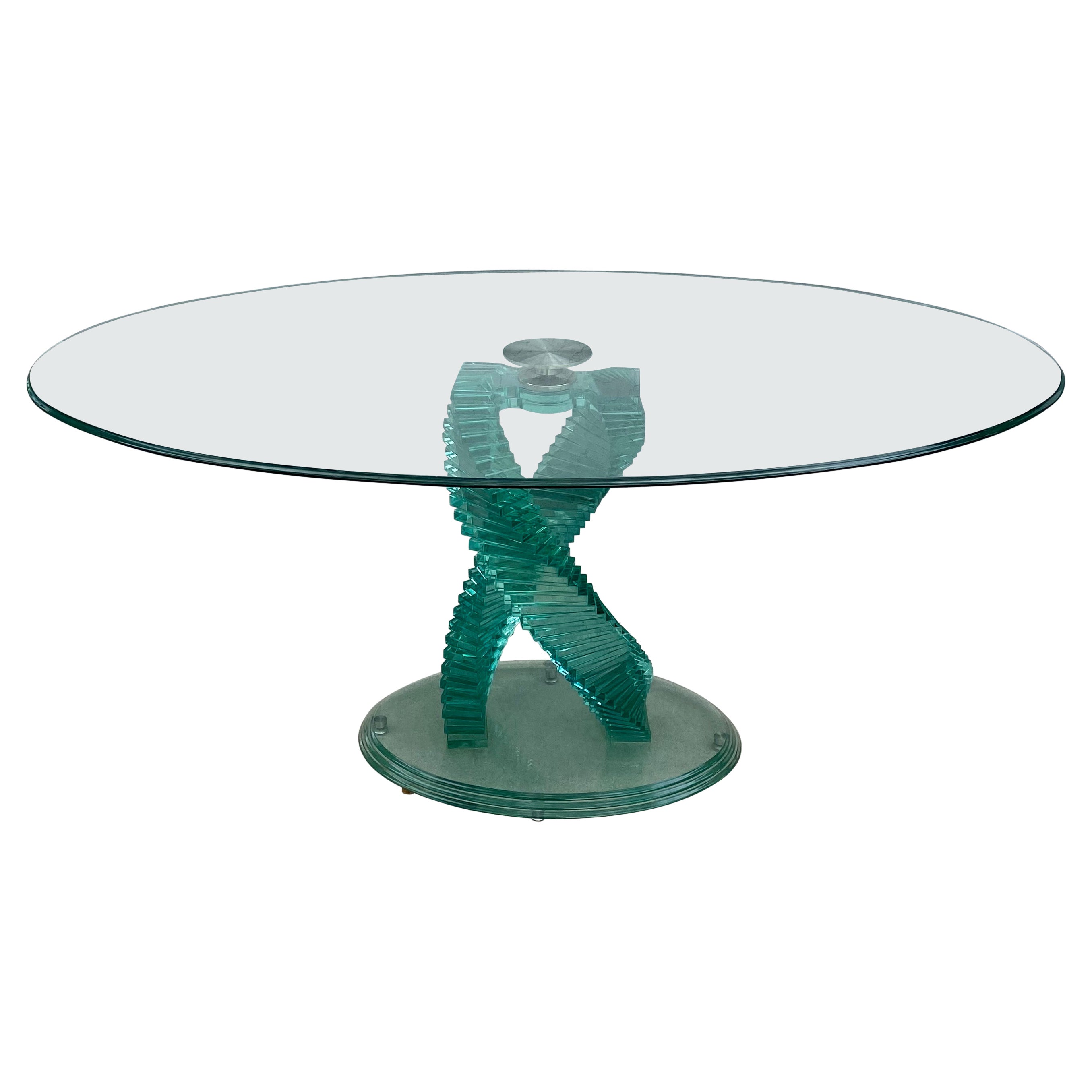 1980s Sculptural Helix Spiral Swivel Top Glass Dining Table For Sale