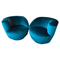 Vintage Pair Vladimir Kagan Nautilus Corkscrew Swivel Chairs New Blue Velvet