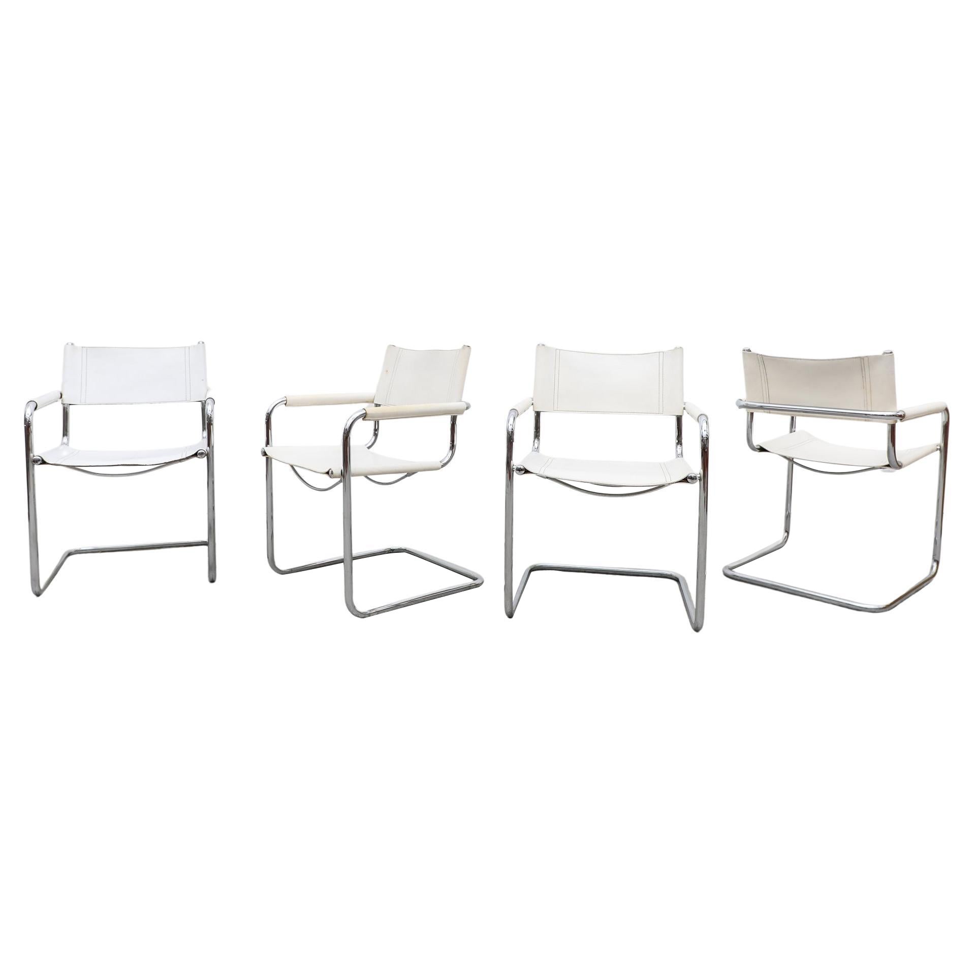 Set of 4 Marcel Breuer Style White Leather and Chrome Framed Cantilever Chairs For Sale