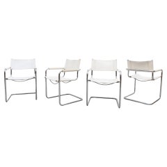 Set of 4 Marcel Breuer Style White Leather and Chrome Framed Cantilever Chairs