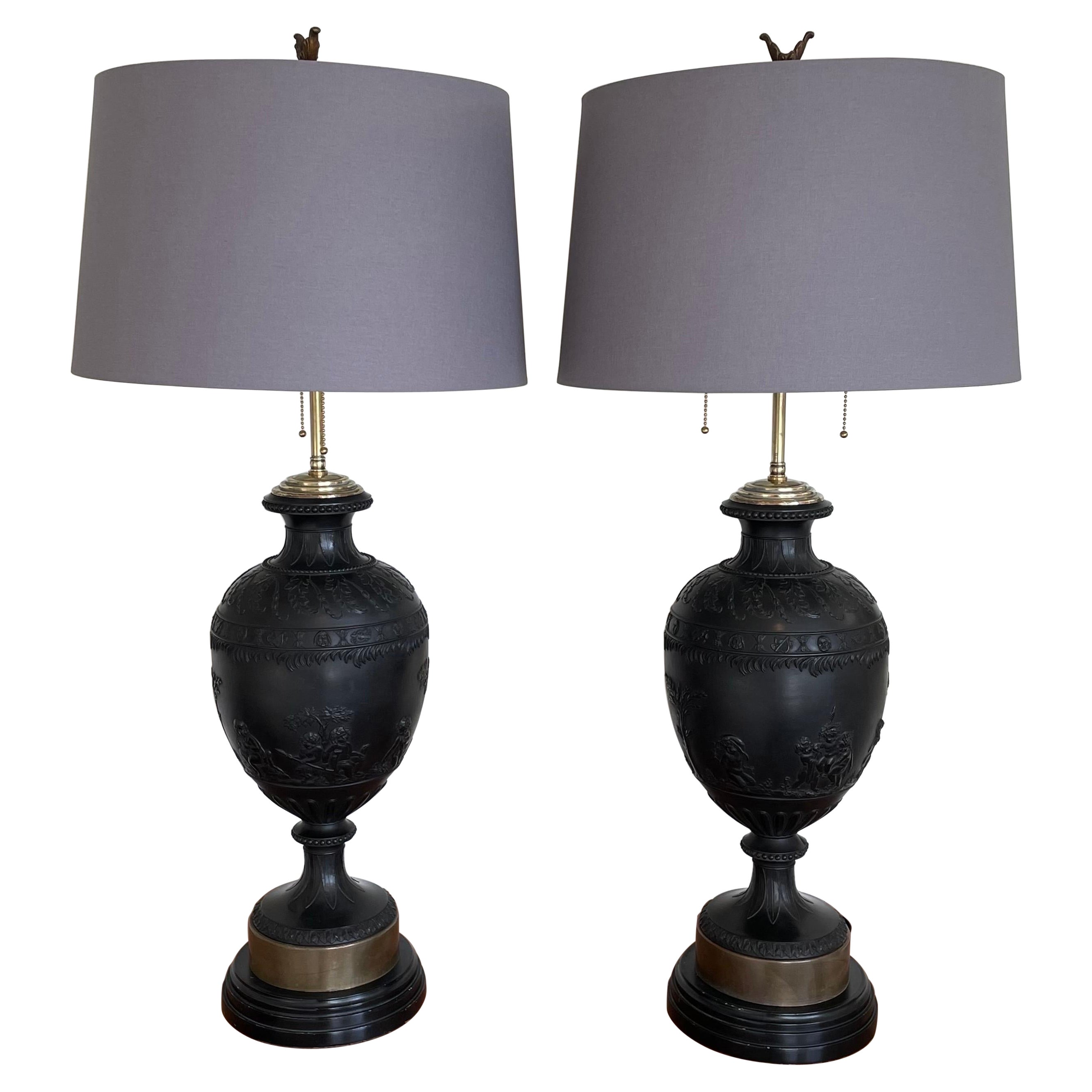 Monumental Pair of Black Basalt Table Lamps by Wedgwood, Late 19th Century For Sale