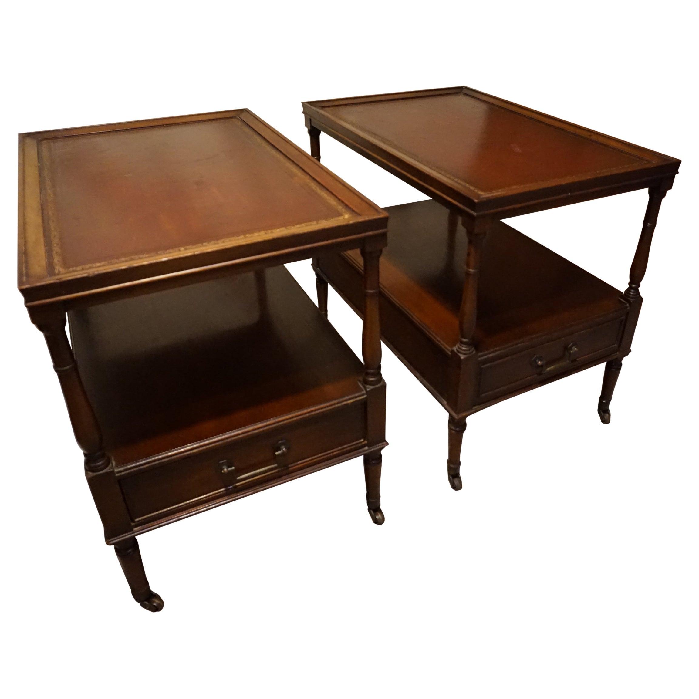 Antique Colonial Style Mahogany Side Tables with Leather Top & Brass Hardware
