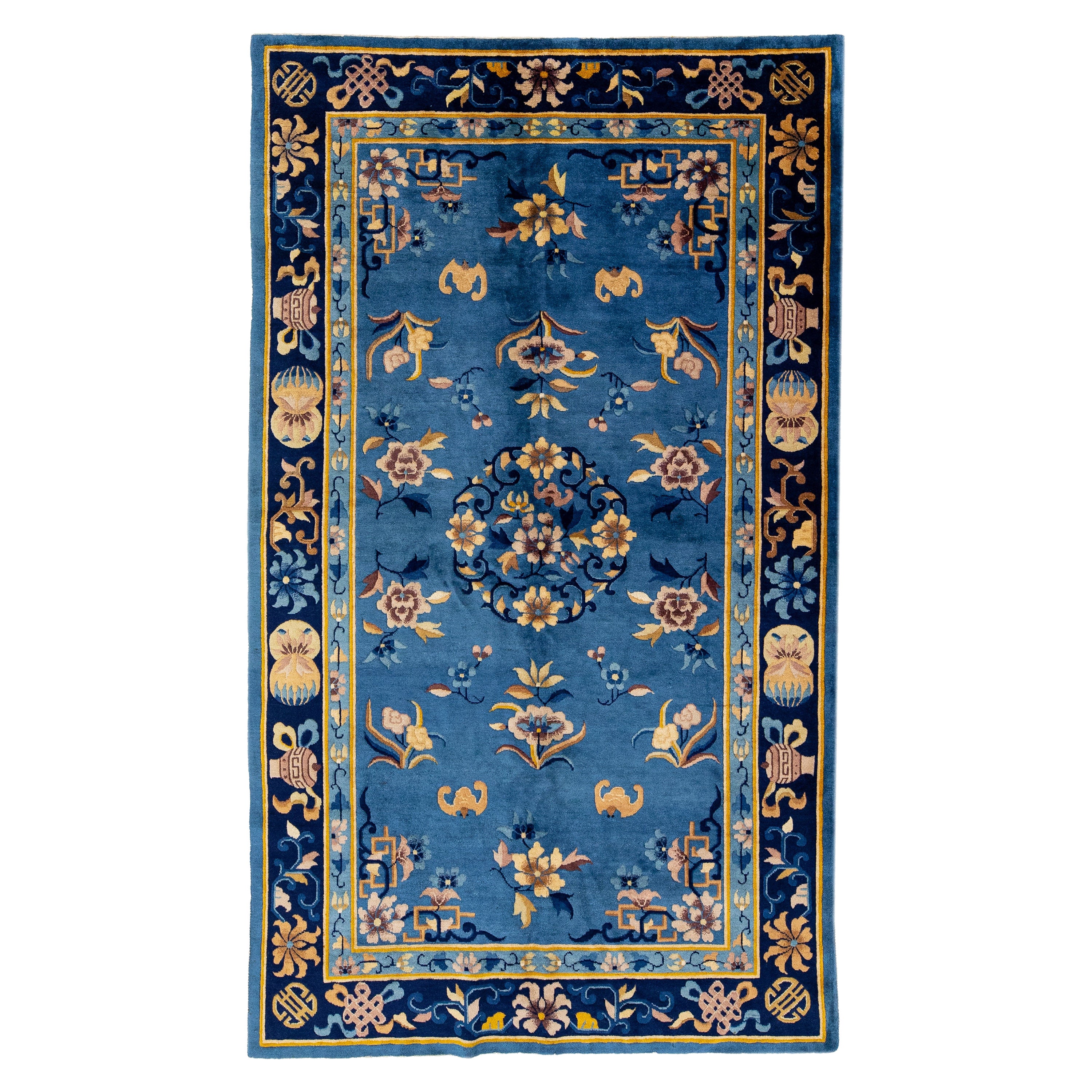 Handmade Antique Peking Chinese Blue Wool Rug with Allover Floral Design For Sale