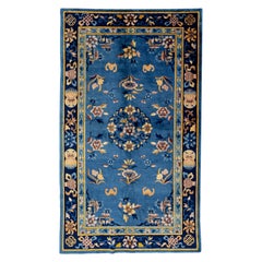 Handmade Vintage Peking Chinese Blue Wool Rug with Allover Floral Design