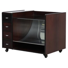 Retro Art Deco Style Dark Wood, Glass, and Curved Stainless Steel Rolling Side Table 